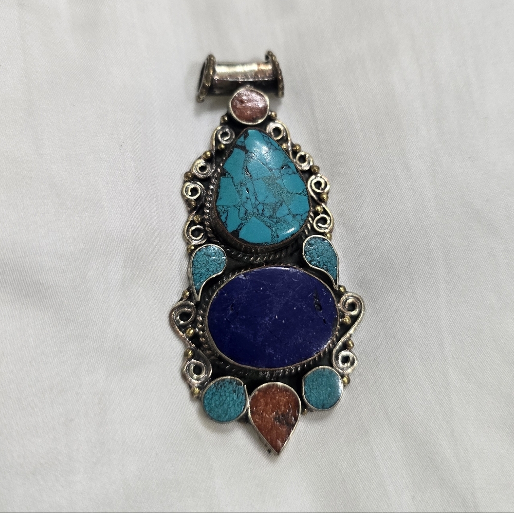Genuine Turquoise, Red Coral & Blue Lapis Pendant In Tibetan Silver